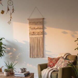 Handmade Boho Macrame & Woven Wall Hanging –  Textured Tapestry with Long Fringe